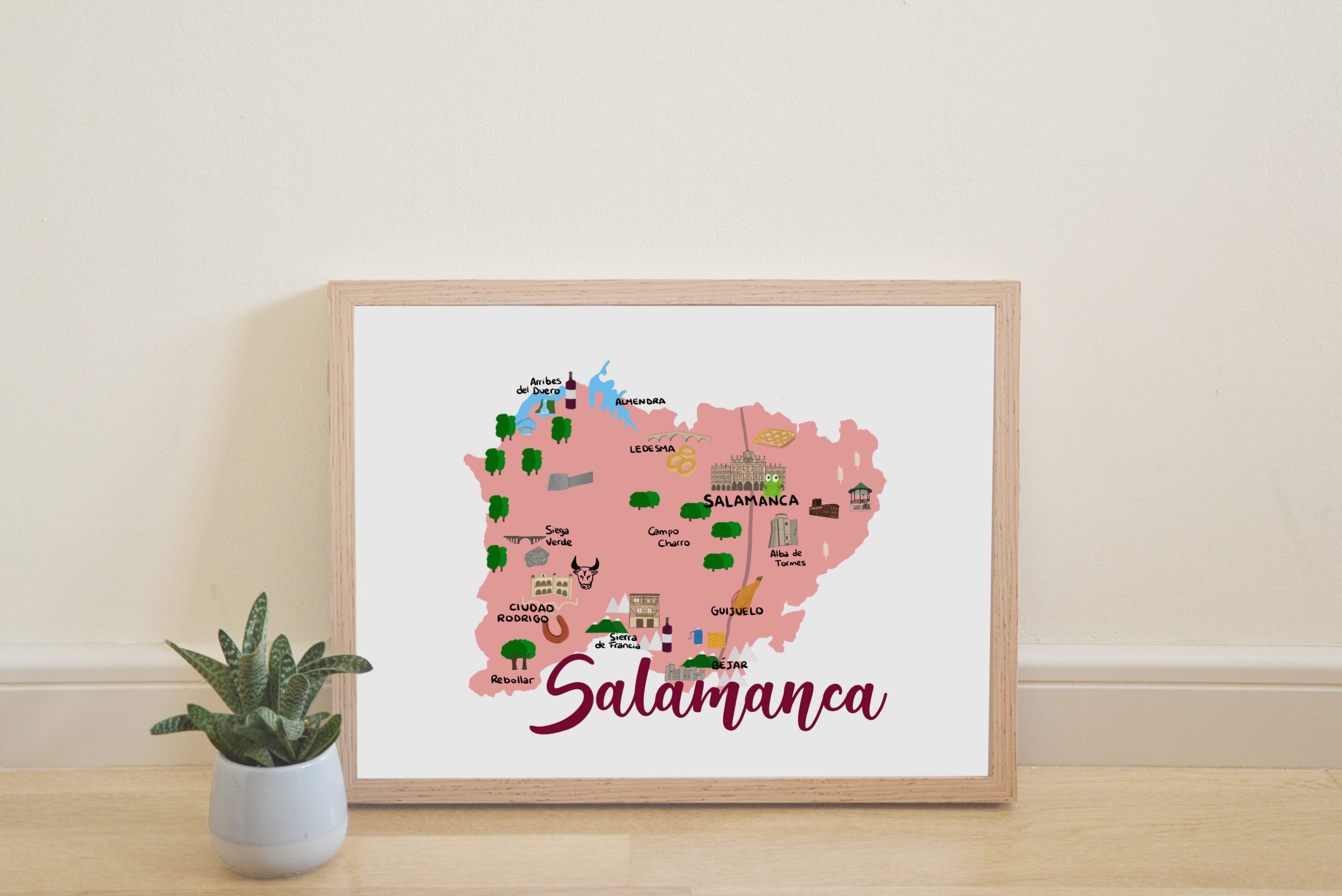 Lámina mapa provincia Salamanca marco madera natural